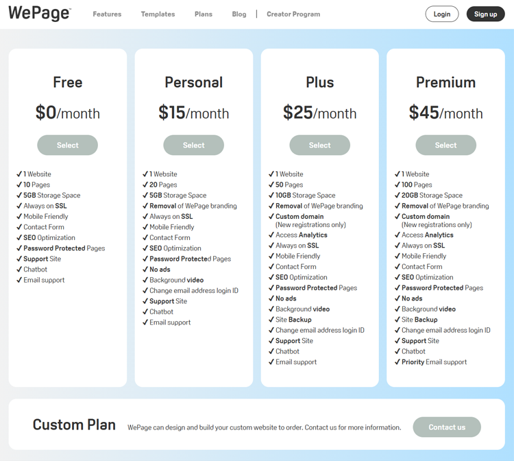 WePage Pricing Plans (US Version