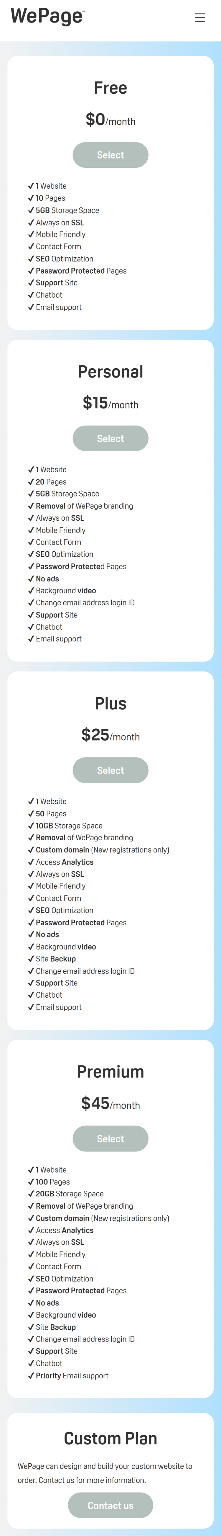 WePage Pricing Plans (US Version